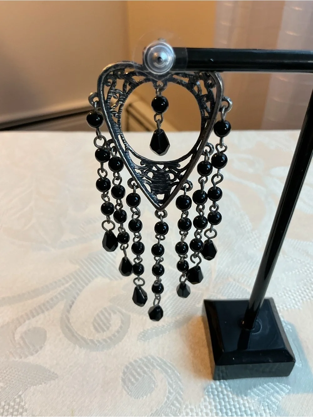 Black Glass Multi-Strand Silver Tone Statement Necklace and Earrings Set